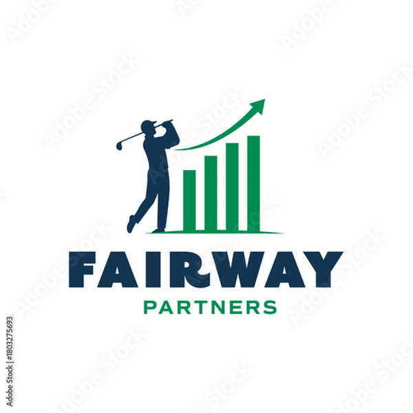 Obraz Silhouette of a golfer with rising bar chart and upward arrow, symbolizing strategy, progress, and business growth. Ideal for consulting and coaching brands. Editable Vector File
