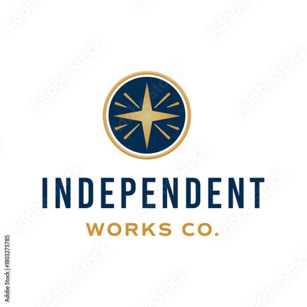 Obraz Elegant compass star inside a circular badge with gold and navy tones, symbolizing direction, guidance, and craftsmanship. Ideal for business and brand identity. Editable Vector File
