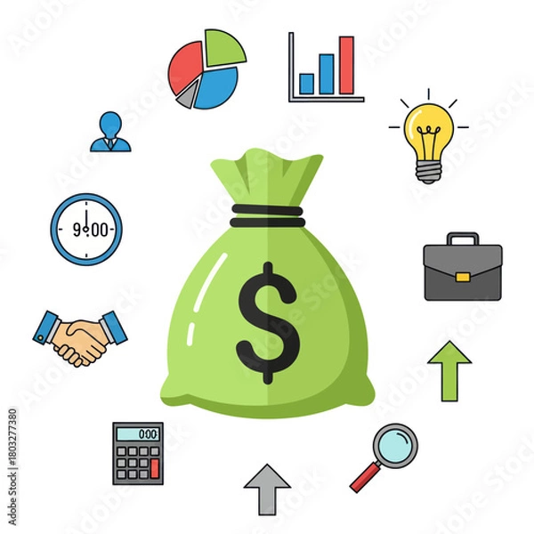 Fototapeta Business and finance concept with a central money bag surrounded by colorful flat line icons representing investment and growth.