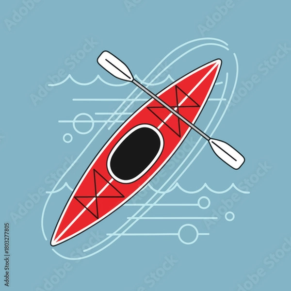 Fototapeta Top-down aerial view of a red kayak with a paddle on stylized blue water.