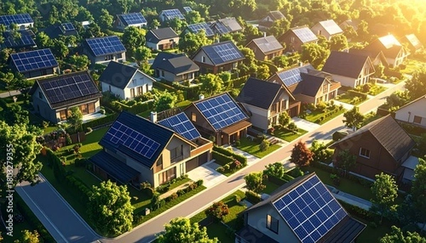 Fototapeta Aerial view of residential homes with solar panels on their roofs, sunlight