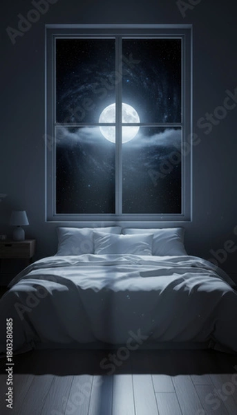 Obraz Serene bedroom scene features large window showcasing starry night sky with bright moon shining
