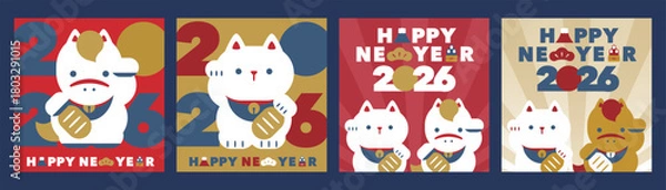 Obraz かわいいポップな馬と招き猫の2026午年正月用正方形年賀状素材