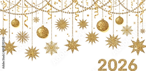 Obraz Elegant golden glitter ornaments and stars hanging for a festive 2026 New Year celebration greeting card concept