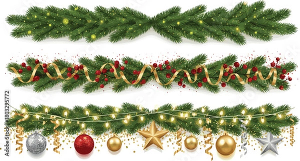 Obraz A collection of three decorative Christmas garlands featuring evergreen branches, festive lights, red berries, and shiny ornaments isolated on a white background