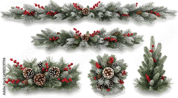 Obraz Set of realistic Christmas decorations with frosted pine branches, red berries, and cones isolated on a white background