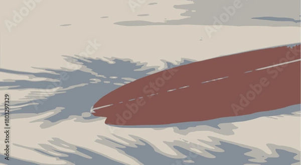 Obraz Close-up, low-angle vector illustration of a reddish-brown surfboard floating in calm, shallow water, rendered in a muted, slightly abstract style with subtle surface reflections and shadows on the sa