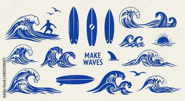 Obraz Set of vintage engraved vector elements for surfing and beach design, including powerful ocean waves, a silhouette of a surfer, various surfboards, seagulls, a shark fin, and a rising sun, all in blue