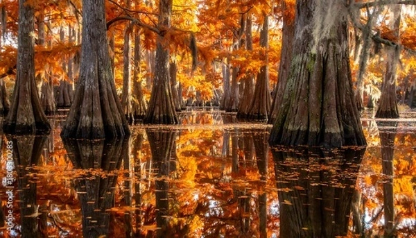 Fototapeta An autumn scene showcasing trees with orange foliage reflecting in still water