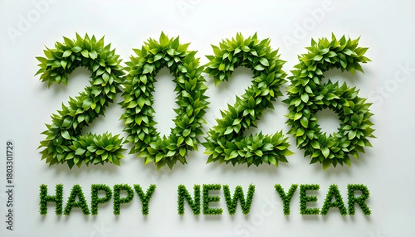 Obraz 2026 numbers and happy new year text made of green leaves image 2