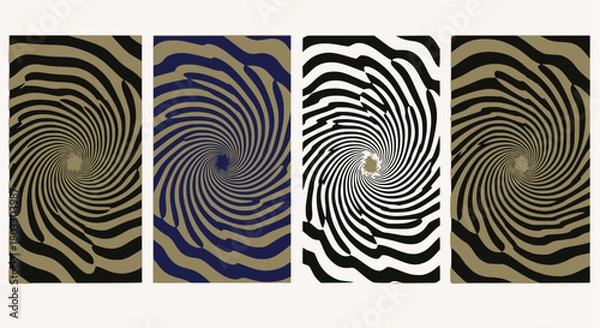 Obraz Set of four monochromatic psychedelic swirl posters, featuring wavy, distorted spiral patterns in black, white, gold, and dark blue, creating a hypnotic optical illusion retro 60s vector art collectio