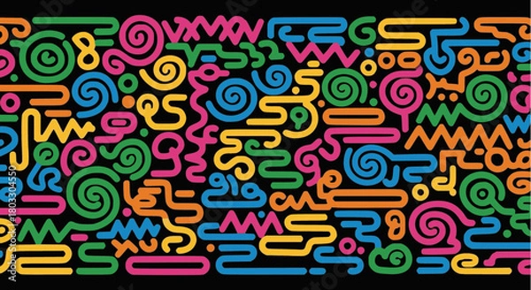 Fototapeta Vibrant abstract continuous line pattern with colorful geometric and organic doodle shapes like spirals, zigzags, and curves on a black background, fun energetic and seamless vector design.