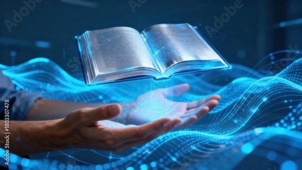Fototapeta A glowing book hovers above hands, surrounded by digital waves and light effects.