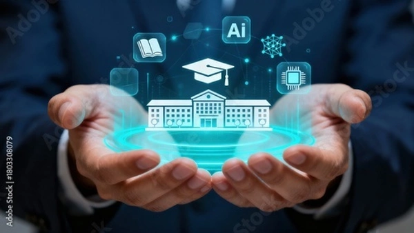 Fototapeta Hands holding digital education icons with a university concept.