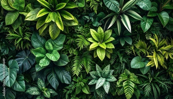 Fototapeta An overhead shot displays a vibrant assortment of diverse tropical foliage