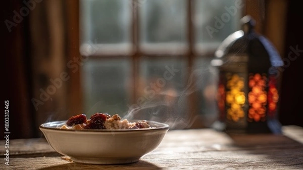 Fototapeta laba. Steaming bowl of Laba porridge with dates and nuts on wooden table. menu design, packaging mockups, designed for culinary blogs and recipe cards for restaurants, supports restaurant marketing.