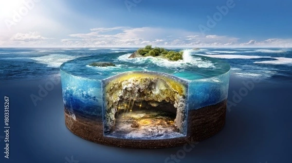 Fototapeta cutaway. A cutaway Earth core reveals an azure ocean with floating islands, defying natural laws. travel magazines, destination branding, designed for travel destination branding.