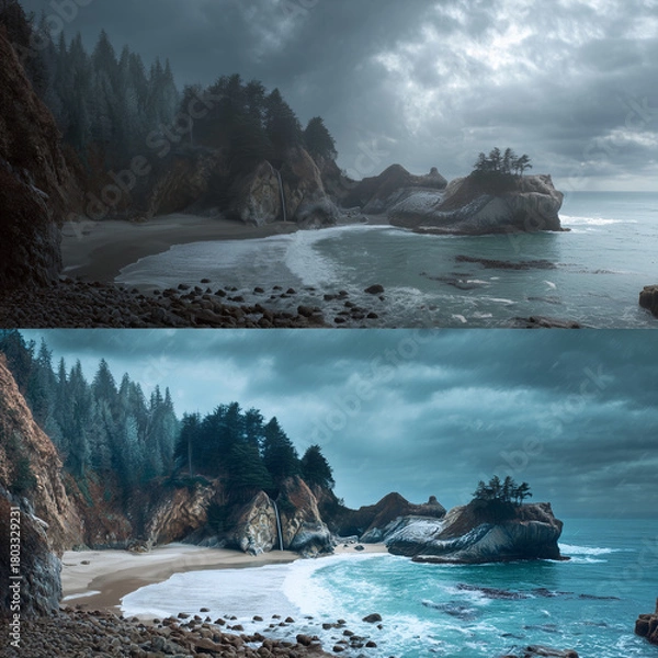 Obraz photo pair of landscape of rocky beach with clouds in the sky 