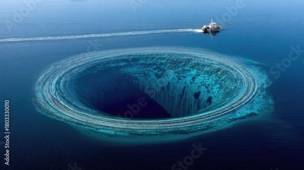Fototapeta defying. A mesmerizing inverted whirlpool of ocean water defying gravity, revealing the terrifying abyss beneath. travel magazines.