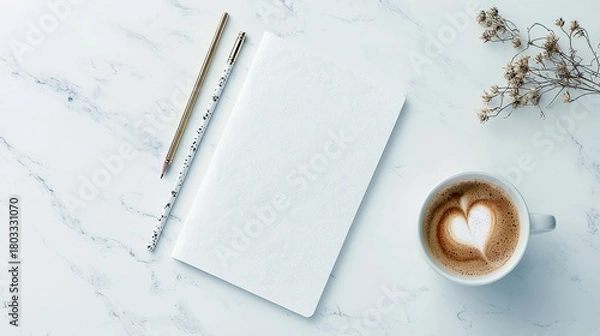 Fototapeta A top-down view of a white notebook, two pens, a cup of coffee with latte art, and dried flowers arranged on a marble background.