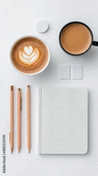 Fototapeta A top-down view of a white cup with latte art, a black mug of coffee, a white notebook, three wooden pencils, and two small white squares on a clean white surfa