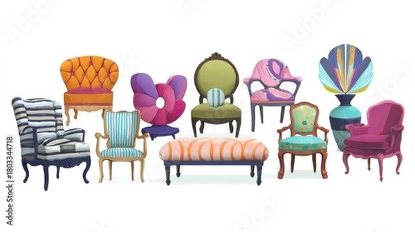 Fototapeta mismatched. A playful arrangement of mismatched chairs in vibrant colors, representing whimsical seating dilemmas. lifestyle magazines.