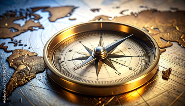 Fototapeta Compass Guiding the Way: A detailed image of a classic compass sits atop a detailed world map, symbolizing direction, travel, and exploration. The compass rose, with its intricate design.