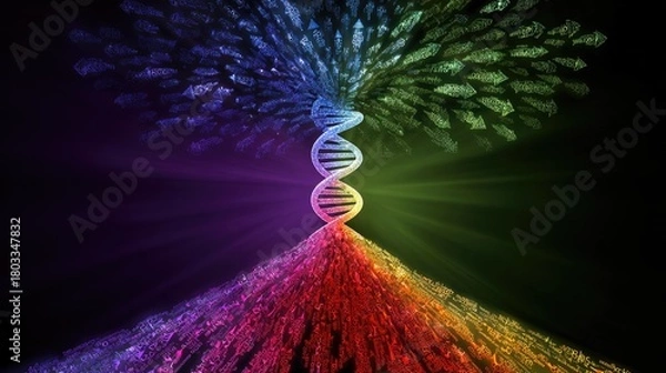 Fototapeta divergent. A double-helix rainbow diverging into paths, illustrating personalized healthcare solutions. STEM education sheets.