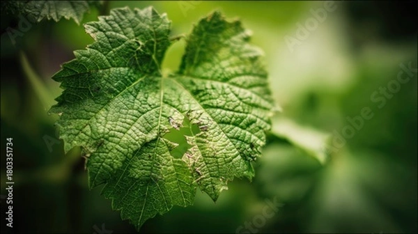 Fototapeta weakness. A macro photograph of a young leaf with intricate, damaged vein patterns, symbolizing hidden vulnerability. gardening catalogs.
