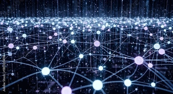 Obraz A digital abstract background featuring a vast network of interconnected nodes, illuminated with glowing blue and pink lights, suggesting concepts like data, technology, or a neural network