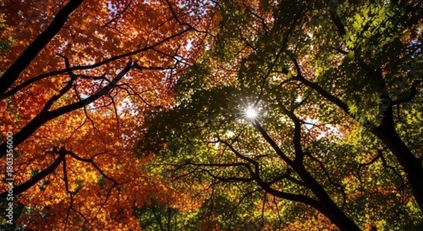 Obraz Vibrant Autumn Leaves and Sunburst Through Tree Canopy