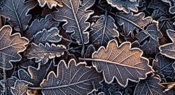 Fototapeta Crisp Frosted Oak Leaves with Delicate White Hoarfrost
