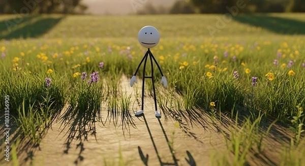 Obraz A simple stick figure character stands alone in a sunlit field of green grass and colorful wildflowers, casting long shadows.