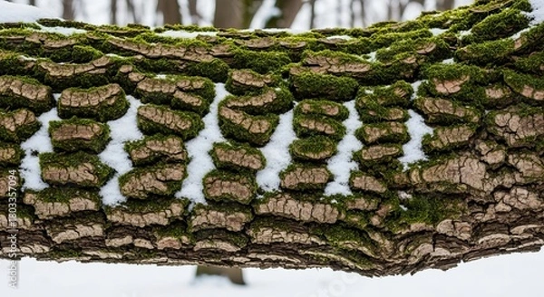 Fototapeta Close Up of Mossy Tree Bark with Snow in Winter Forest