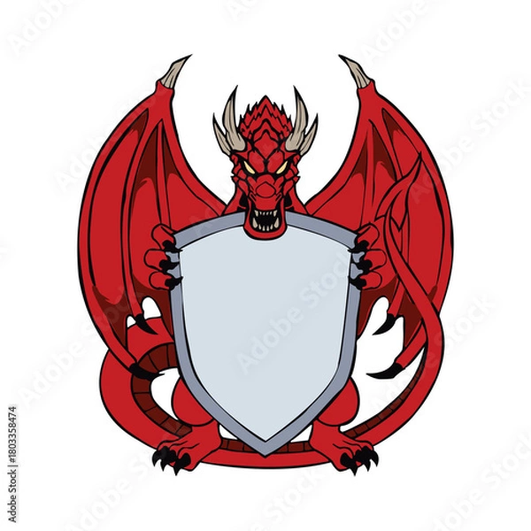 Fototapeta Vector illustration of a red dragon holding a shield