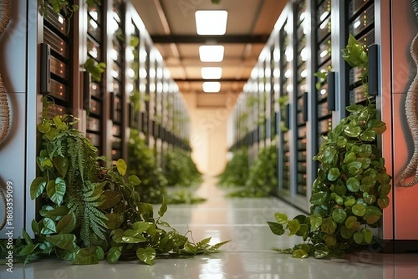 Fototapeta Server room with green plants and sustainable technology concept