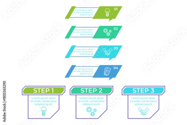 Fototapeta Infographic showcasing four distinct steps in workflow process. Each step clearly labeled with icons and easy to understand descriptions. Layout using bright colors to enhance clarity