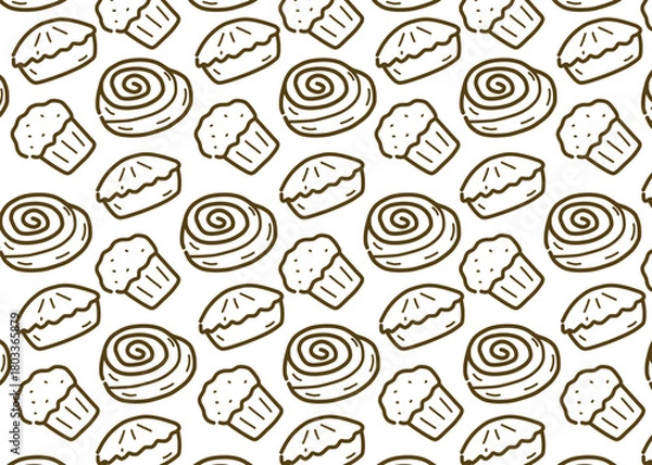Fototapeta Seamless bakery pattern featuring hand-drawn line art illustrations of cinnamon rolls, muffins, and pies. The doodle-style outline design creates a cute and minimal look, white background