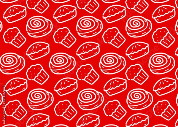 Fototapeta Seamless bakery pattern featuring hand-drawn line art illustrations of cinnamon rolls, muffins, and pies. The doodle-style outline design creates a cute and minimal look, red background