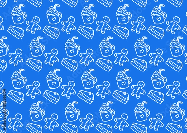 Fototapeta Seamless dessert pattern hand-drawn illustrations of gingerbread cookies, whipped-cream hot drinks, and cake slices. The doodle line art style creates a festive look, holiday, blue background