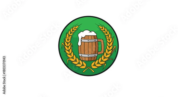 Obraz Green circle logo with a wooden beer mug and golden wheat stalks around it.