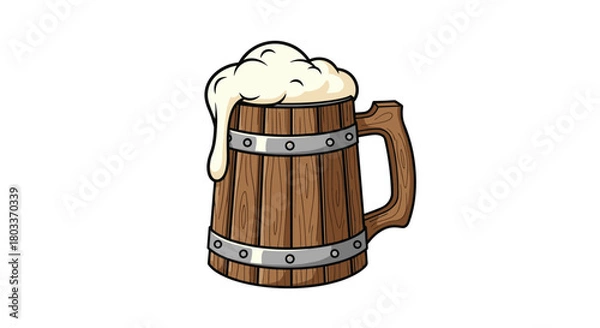 Obraz A frothy wooden mug filled with a pale golden beverage and topped with a thick layer of white foam spills over the rim.