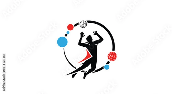 Obraz A dynamic sports logo featuring a silhouetted athlete in mid-action with colorful orbiting elements suggesting movement and energy.