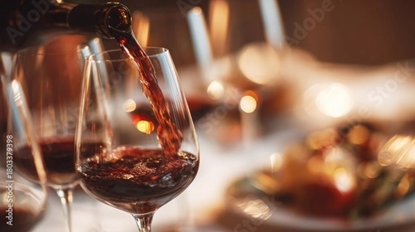 Fototapeta decanting. Elegant wine glasses with red wine during pouring in a fine dining setting. bar promotions, beverage menus, designed for product packaging and bar promotions, elevates brand perception.
