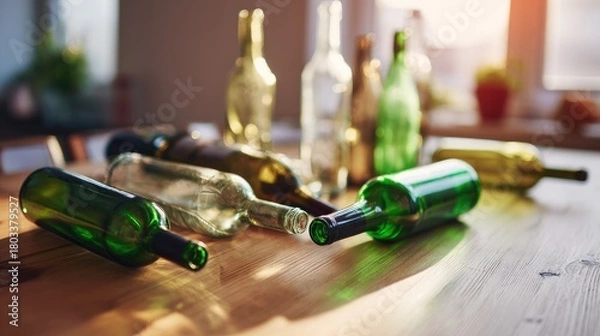 Fototapeta tennessine. Still life of empty wine bottles casually arranged on a wooden table. bar promotions, beverage menus, designed for food & beverage menus and cafe branding, used by architects.