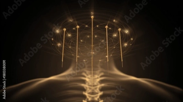 Fototapeta acupuncture. Golden acupuncture needles floating in mandala formation above a spine silhouette, glowing with healing energy at key points. STEM education sheets.