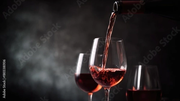 Fototapeta decanting. Red wine pouring into glasses, closeup action shot with moody dark background. bar promotions, beverage menus, designed for product packaging and bar promotions, inspires menu design.
