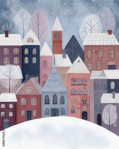 Fototapeta Whimsical Winter Village Illustration with Snow Covered Houses and Trees, studio quality composition for seasonal branding, close up detail and layered