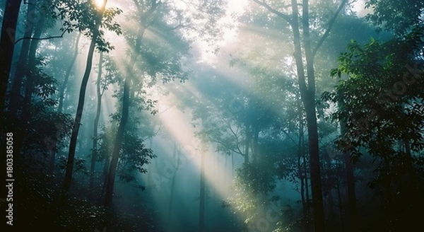 Fototapeta Sunlight streams through the forest canopy creating a magical atmosphere.
