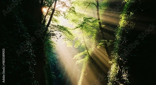 Fototapeta Sunbeams filtering through lush green forest canopy creating a mystical atmosphere.